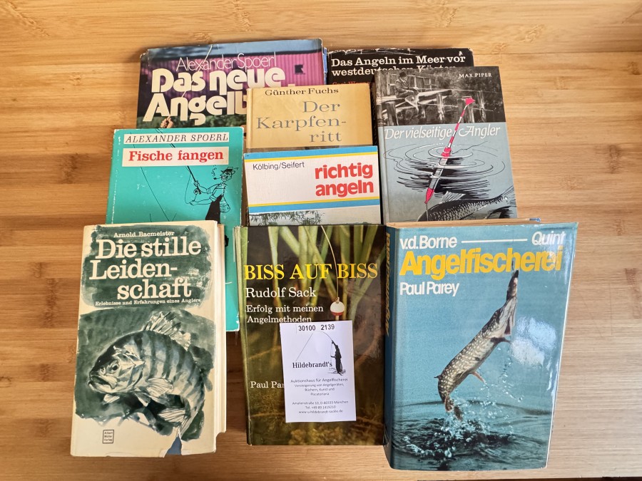 richtig angeln, Kölbig/Seifert, 1981, Fische fangen, Alexander Spoerl, 1960, Die stille Leidenschaft, Arnold Bacmeister, 1966, Der Karpfenritt, Günther Fuchs, 1971, Biss auf Biss, Rudolf Sack, 1973, Der vielseitige Angler, Max Piper, 1967, Die Angelfischerei, v.d.Borne/Quint, 1976, Das Angeln im Meer vor westdeutschen Küsten, Carl Werner Schmidt-Luchs, 1968