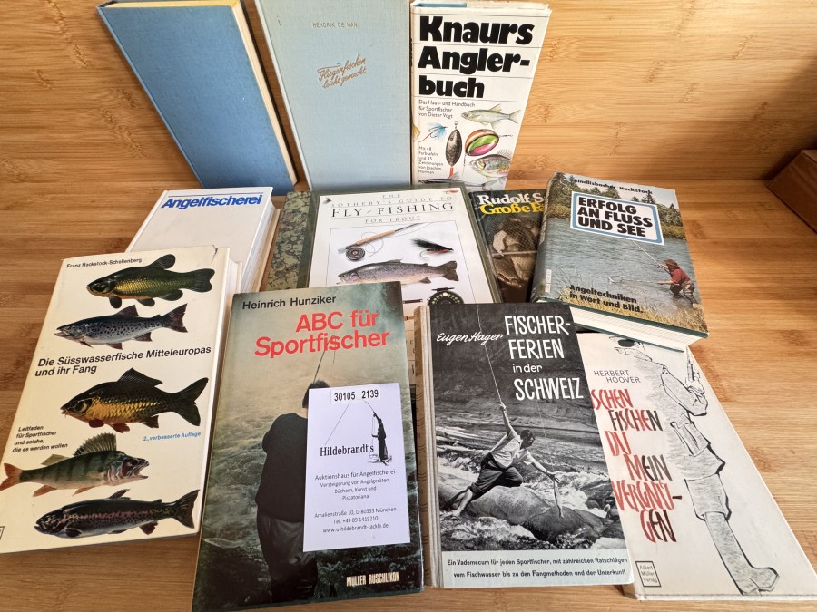 The Sotheby´s Guide to Fly-Fishing for Trout, Charles Jardine, 1991, ABC für Sportfischer, Heinrich Hunziker, 1974, Fischer- ferien in der Schweiz, Eugen Hager, 1956, Knaurs Anglerbuch, Dieter Vogt, 1977, Die Angelfischerei, v.d. Borner/Quint, 1981, Die Süsswasserfische Mitteleuropas und ihr Fang, Franz Hackstock-Schellenberg, 1964, Große Fänge, Rudolf Sack, 1977, Fliegenfischen leicht gemacht, Hendrix de Man, 1951, Fischen Fischen du mein Vergnügen, Herbert Hoover, 1963, Erfolg an Fluss und See, Rindlisbacher/Hackstock, 1975, Im Netz der Fische, Albert Drexler