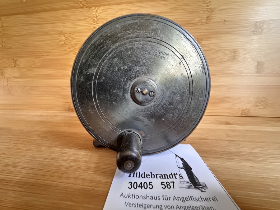 Vintage Lachsfliegenrolle, Mac Pherson Inverness, Messing, Horngriff,  Links- oder Rechtshand, Gewicht 798g, Rollendurchmesser 115mm, Rollenbreite 51mm, Gebrauchsspuren