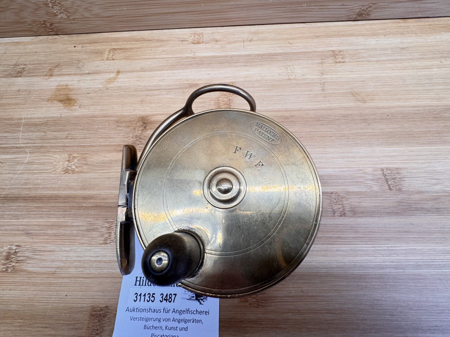 Vintage Angelrolle, Malloch´s Patent, F,W,F., Messing, Rollendurchmesser 95mm, Rollenbreite 45mm, Gewicht 593g, schönes Dekostück, guter Zustand