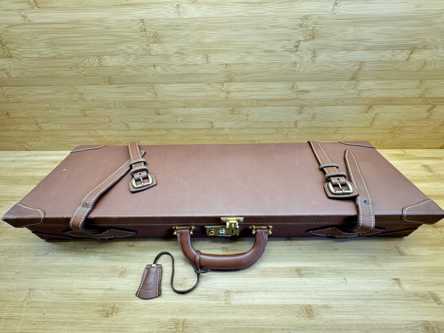 Gewehrkoffer, Aguirre Y Aranzabal Gun Makers Eibar Spain, Volleder, dunkelbraun, 760x220x80mm, sehr guter Zustand