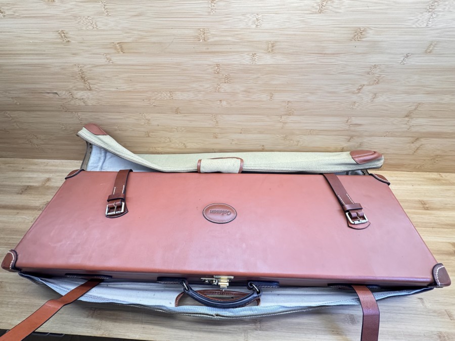 Gewehrkoffer, Galazan, Leder, Braun, 880x250mm, mit Segeltuch-Überzug, tolle Handarbeit