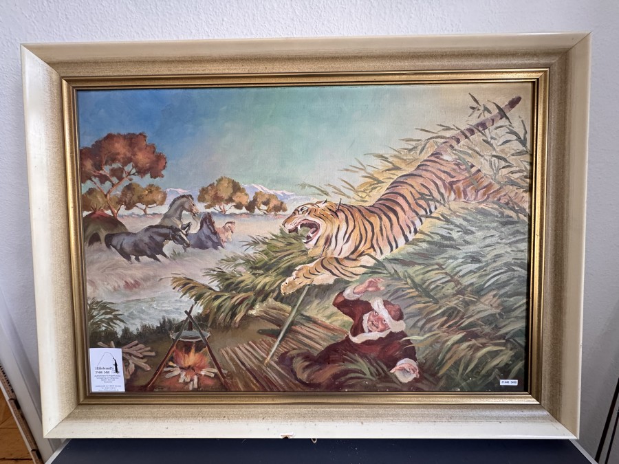 Bild, Maler Hoffmann, Öl auf Leinwand, 100x75cm, inspiriert von einer Geschichte, die in den frühen fünfziger Jahren in einer U.S. Rod & Gun Club Zeitschrift erzählt und illustriert war, entstand dieses Gemälde. Es spiegelt einer wahre Situation aus Sibirien. Die Pferde stehen in Sicherheit am jenseitigen Flussufer. Um den nächtlichen Angriff des Tigers abzuwehren, zeigte der Speer des Hüters am Feuer immer in Angriffsrichtung der Raubkatze. So blieben Mensch und Pferde unverletzt am Leben, der Tiger aber wurde das Jagdopfer.
