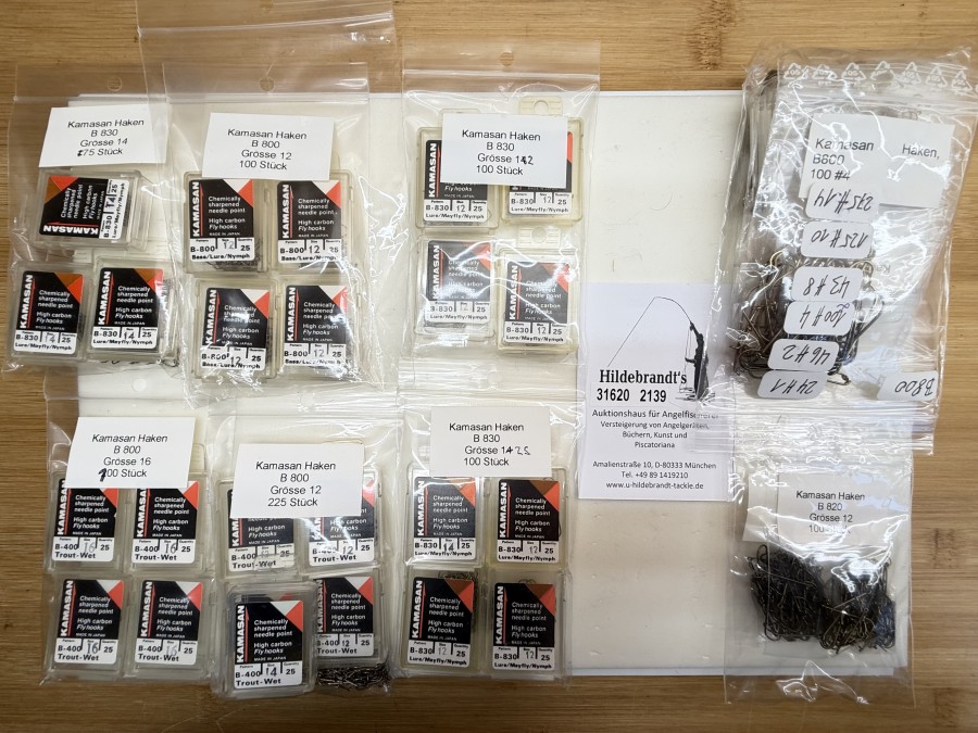 Fliegenhaken, 1488 Stück, Kamasan B 800: 24#1, 46#2, 43#8, 125#10, 100#12, 275#14, B400: 100#16, 200 #12, B 820: 100#12, 100#10, B 830: 175#12, 100#14