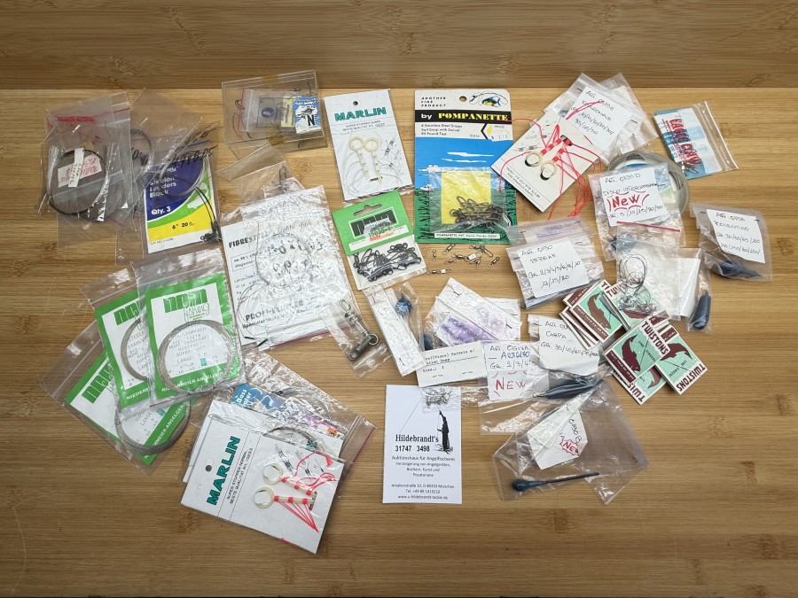 Angelzubehör, Stahlvorfächer, Karabiner, Wirbel, Bleigewichte Schnurstopper, Twistons Bleistreifen