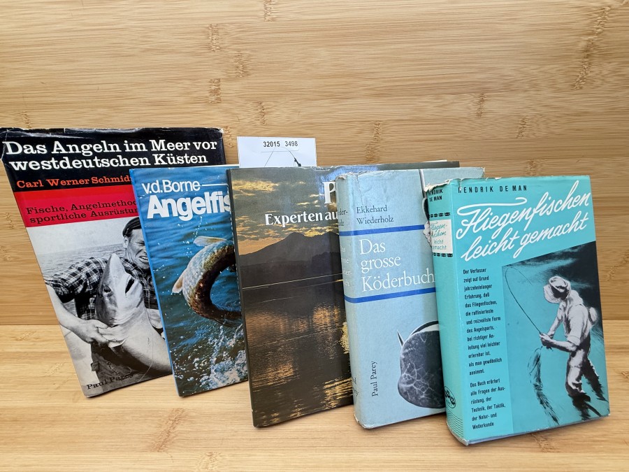 5 Anglerbücher, Petri Heil, Experten auf die Schnur geschaut, Süßwasserfischen, Claus Miliz, Das Angeln im Meer vor westdeutschen Küsten, 1. Band, Carl Werner Schmidt-Luchs, 1969, Angelfischerei, v.d. Borne/Quint, 15. Auflage, Fliegenfischen leicht gemacht, Hendrik de Man, 1951, Das grosse Köderbuch, Ekkehard Wiederholz, Widmung Rübezahl, 1965