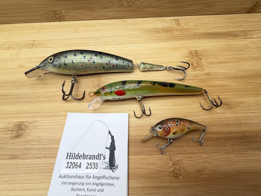 3 Wobbler, Bachforelle, 2tlg., 18cm lang, Wobbler, WJ, 130mm lang, und  Forelle, 6cm, ungefischt