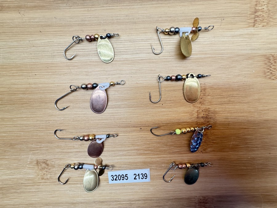 8 Mepps Spinner, Messing, kupfer, Einzelhaken, Tungstenkugeln, 4g, ungefischt