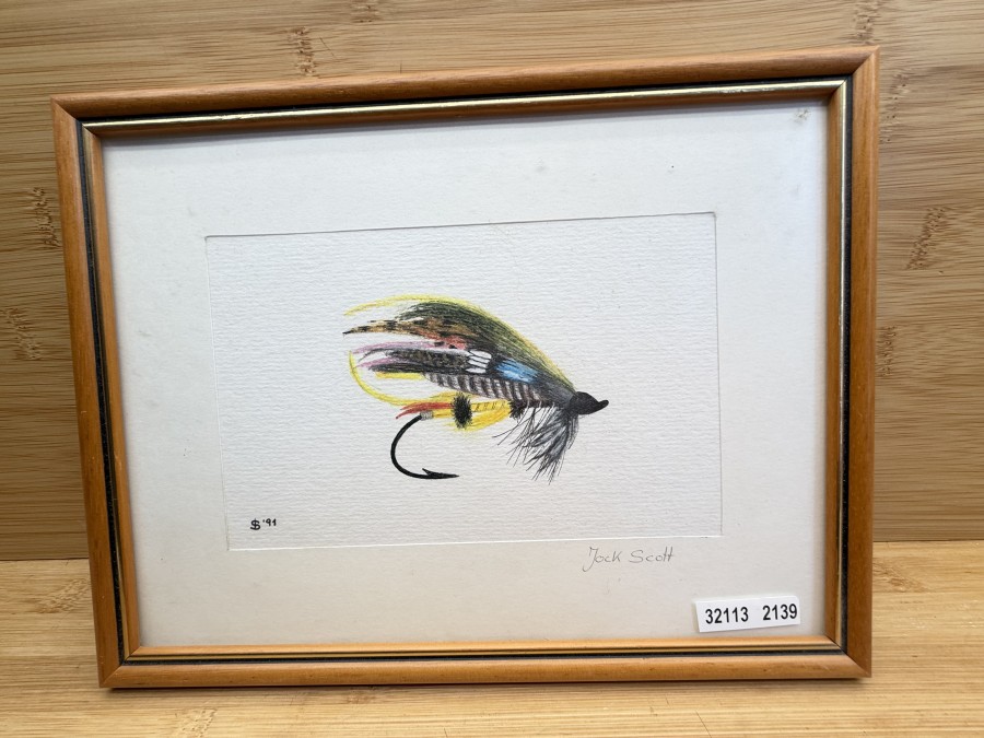 Fliegenbild, Jock Scott, im Holzrahmen, 260x200mm, Fliegengrösse 90x60mm