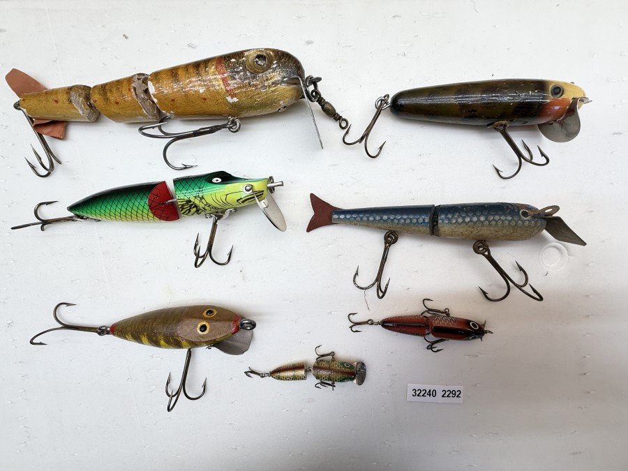 Konvolut Vintage Wobbler, 6 Stück, verschiedene  Schweizer und Französische Hersteller, gefischt