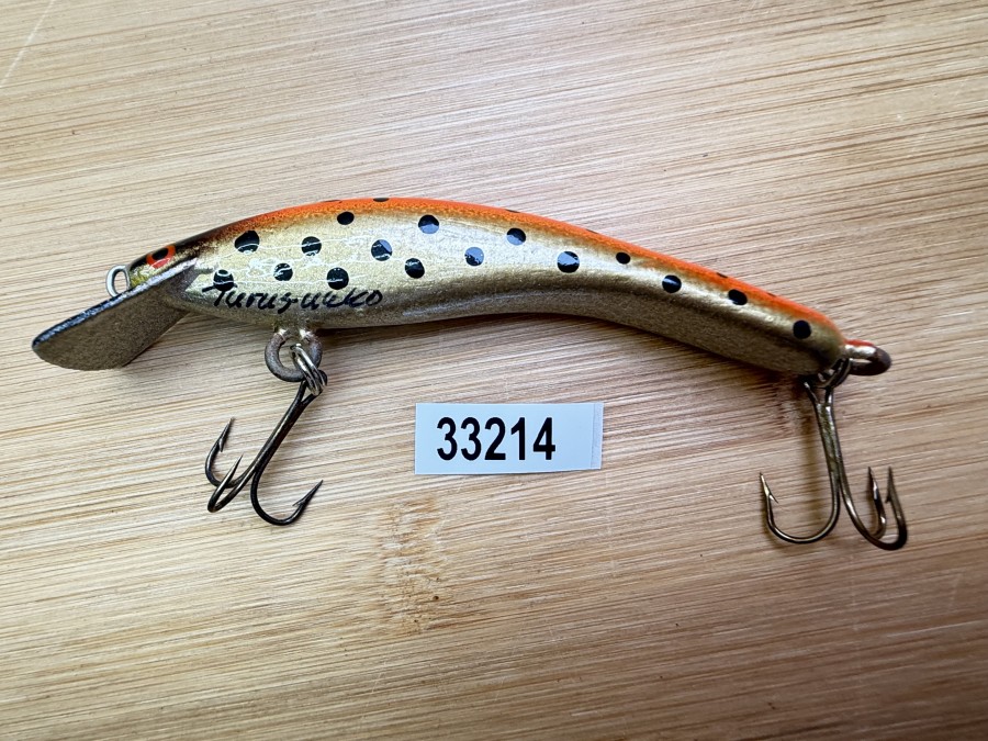 Wobbler, Turus Ukko, Handmade in Finland, gemarkt, gold/orange/schwarz, Punkten, 9cm, 11,00g, ungefischt