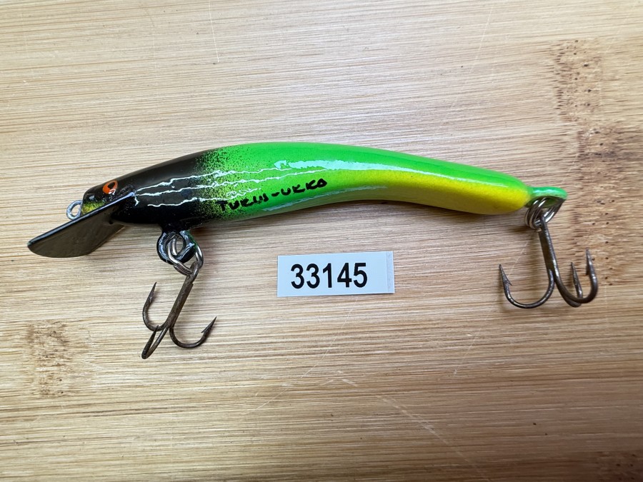 Wobbler, Turus Ukko, Handmade in Finland, gemarkt, gelb/grün/schwarz, 9cm, 11,00g, ungefischt