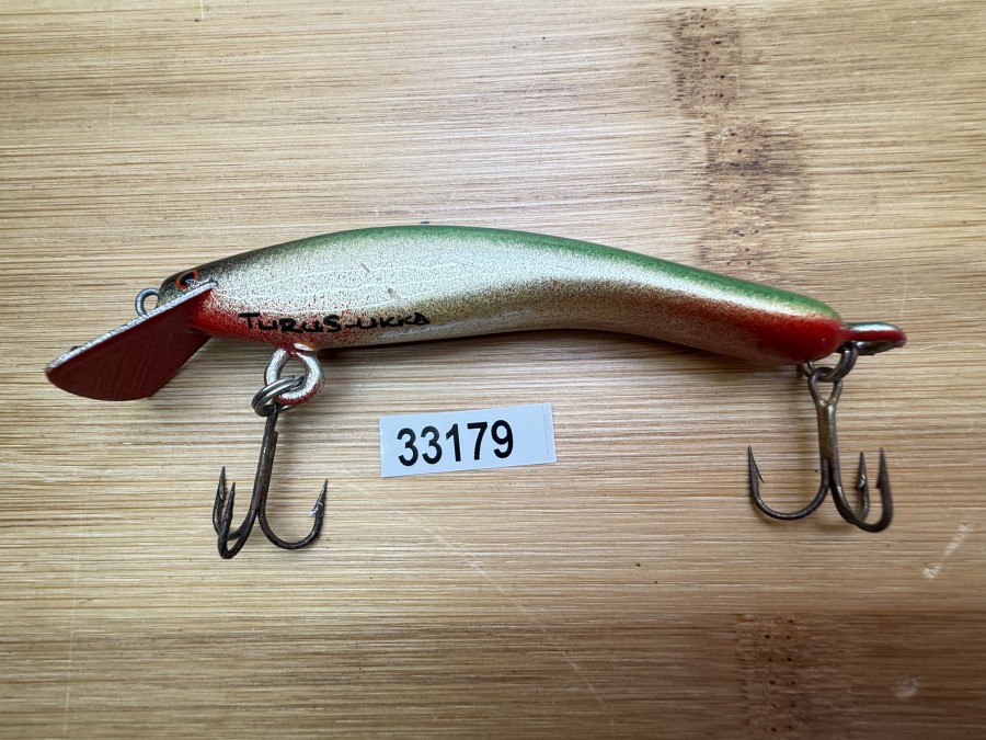 Wobbler, Turus Ukko, Handmade in Finland, gemarkt, rot/gold/grün/schwarz, 9cm, 11,00g, ungefischt