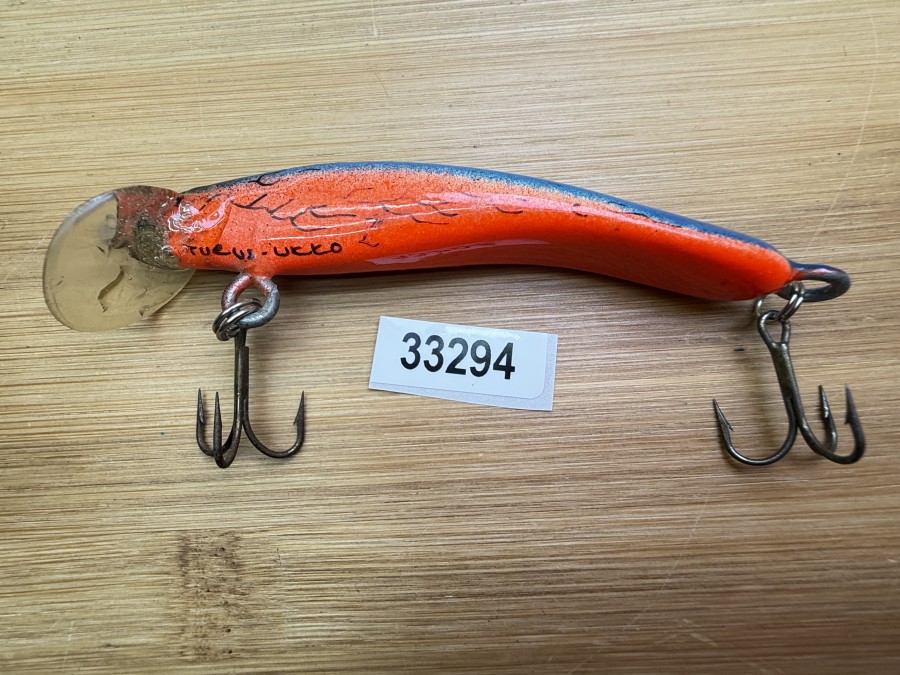 Wobbler, Turus Ukko, Handmade in Finland, gemarkt, Gravedigger,  orange/blau/schwarz, 9cm, 11,00g, ungefischt