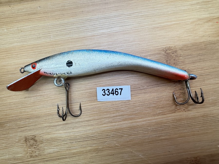 Wobbler, Turus Ukko, Handmade in Finland, gemarkt, orange/beige/blau/schwarz, 12cm, 15,00g, ungefischt