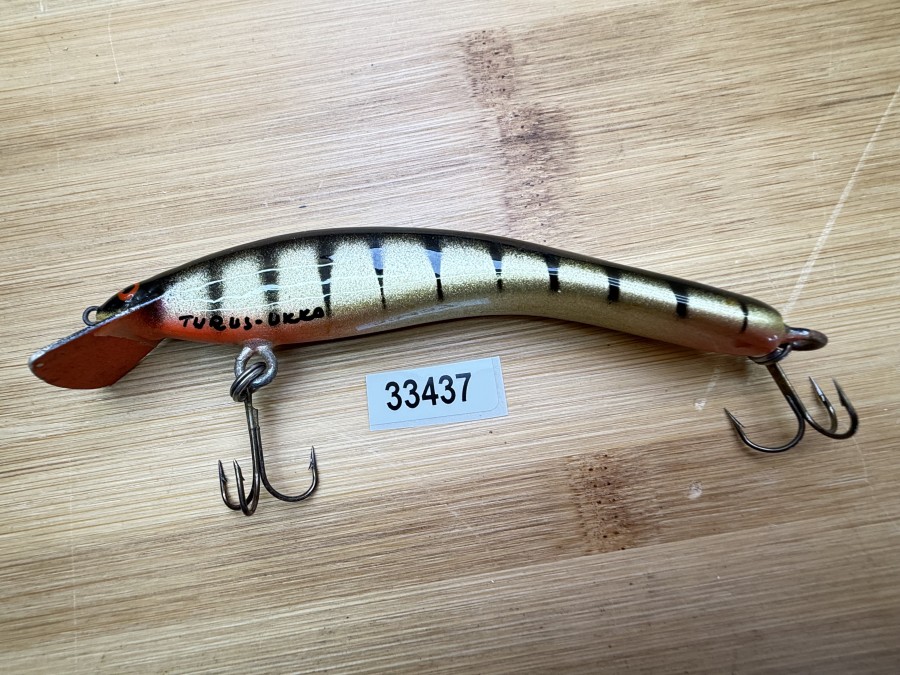 Wobbler, Turus Ukko, Handmade in Finland, gemarkt, orange/gold/schwarz, 12cm, 15,00g, ungefischt