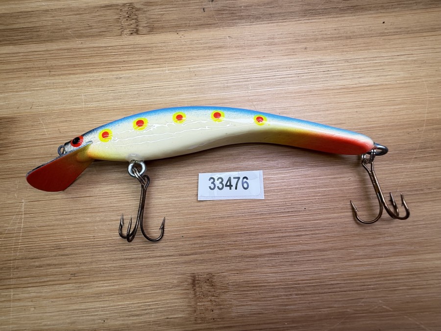 Wobbler, Turus Ukko, Handmade in Finland, orange/creme/blau/schwarz, mit gelb/schwarzen Punkten, 12cm, 15,00g, ungefischt