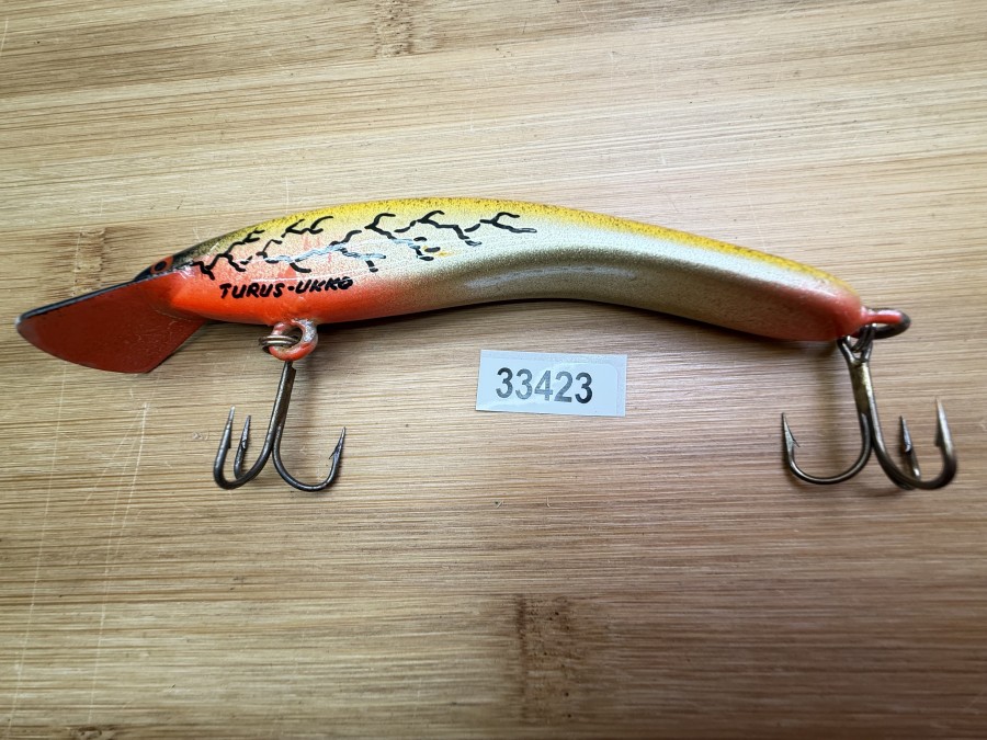 Wobbler, Turus Ukko, Handmade in Finland, gemarkt, orange/gold/gelb/schwarz, 12cm, 15,00g, ungefischt