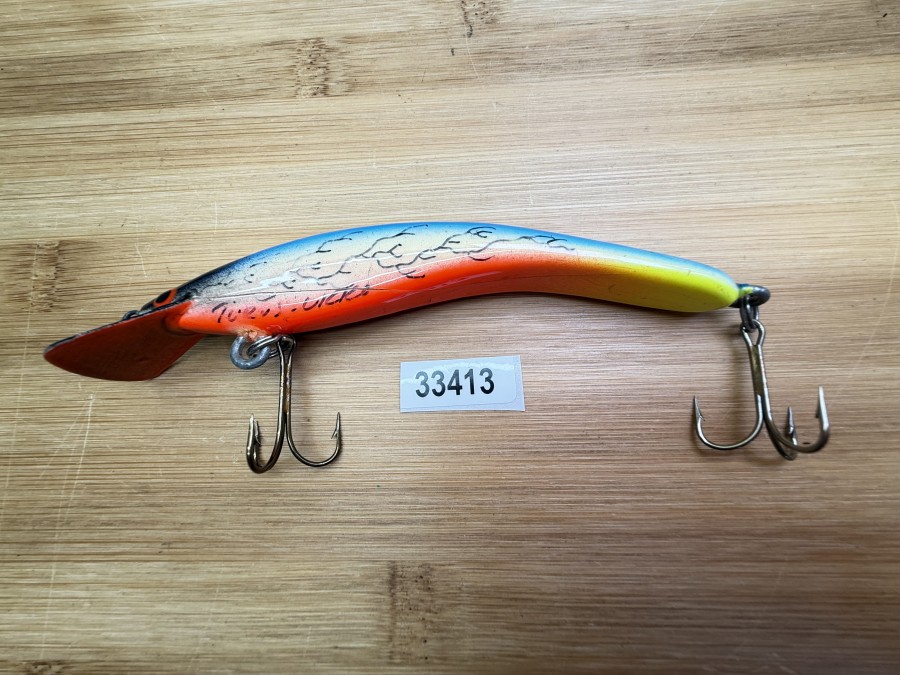 Wobbler, Turus Ukko, Handmade in Finland, gemarkt, orange/gelb/beige/schwarz, 12cm, 15,00g, ungefischt
