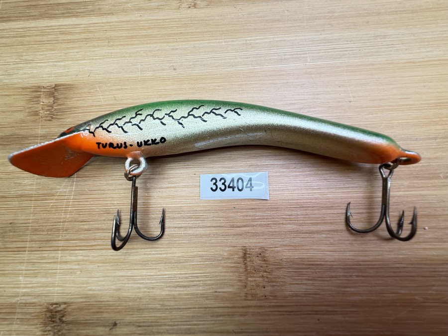 Wobbler, Turus Ukko, Handmade in Finland, gemarkt, orange/gold/grün/schwarz, 12cm, 15,00g, ungefischt