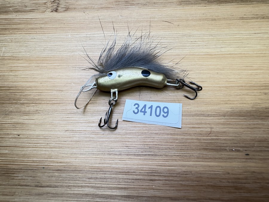 Wobbler, Turunen Finland, 3cm, 4g, gold/schwarz, grauer Fellstreifen, ungefischt