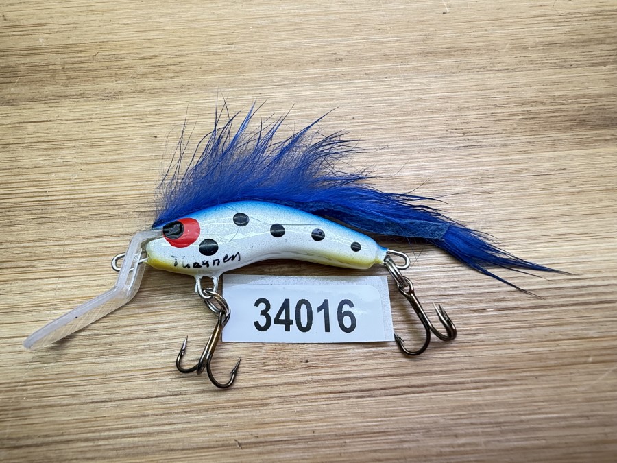 Wobbler, Turunen Finland, gemarkt, 4cm, 4g, gelb/weiss/blau/schwarz, blauer Fellstreifen, ungefischt
