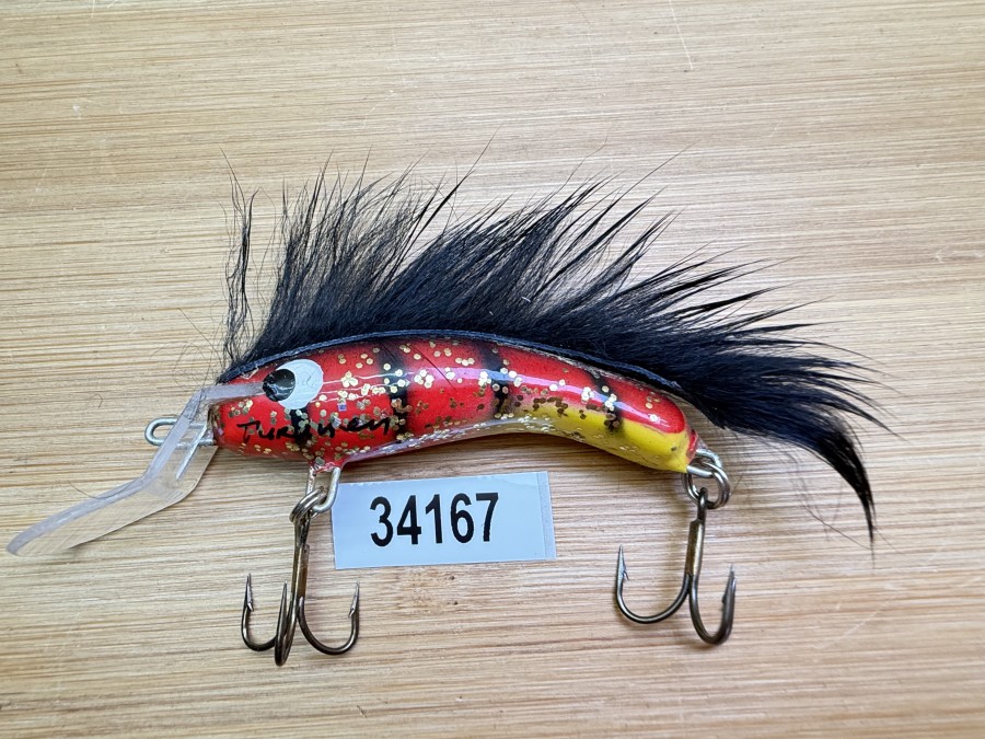 Wobbler, Turunen Finland, gemarkt, 6cm, 8g, beige/gold/rot, blauer Fellstreifen, ungefischt