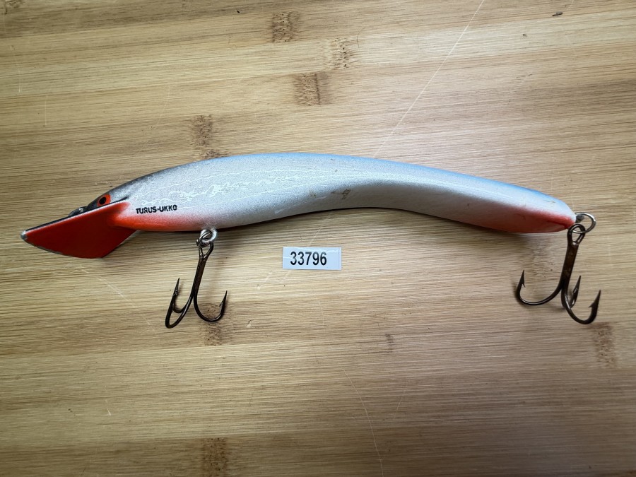 Wobbler, Turus Ukko, Handmade in Finland, Turus Ukko gemarkt, rot/beige/silber/blau, 20cm, 43g, ungefischt