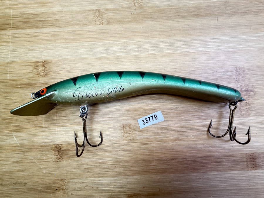 Wobbler, Turus Ukko, Handmade in Finland, Turus Ukko gemarkt, gold/grün/schwarz, 20cm, 62g, ungefischt