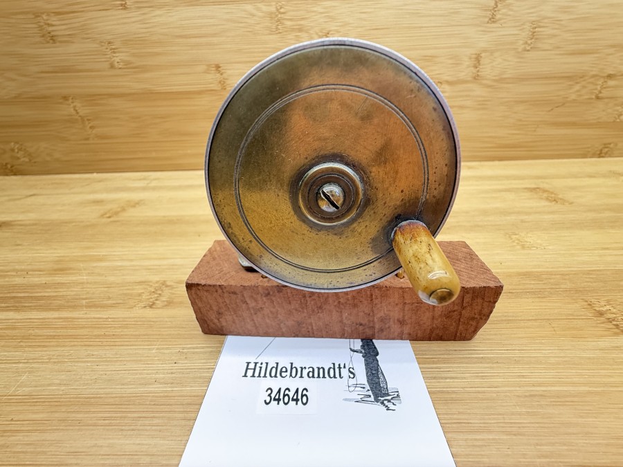Vintage Angelrolle, Alu/Messing, Horngriff, Gewicht 147g, Rollendurchmesser 62mm, Rollenbreite 32mm, Gebrauchsspuren
