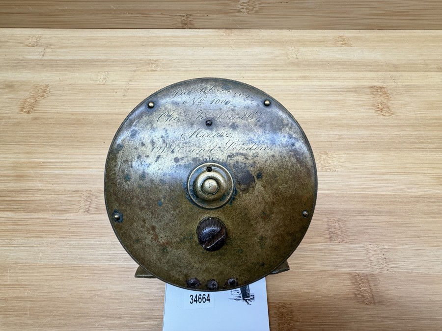 Vintage Angelrolle, Cha Farlow Maker, 191 Strand 101 - London, Patent Lever 1000, Messing/Alu, Horngriff, Rollendurchmesser 100mm, Rollenbreite 50mm, schwergängig